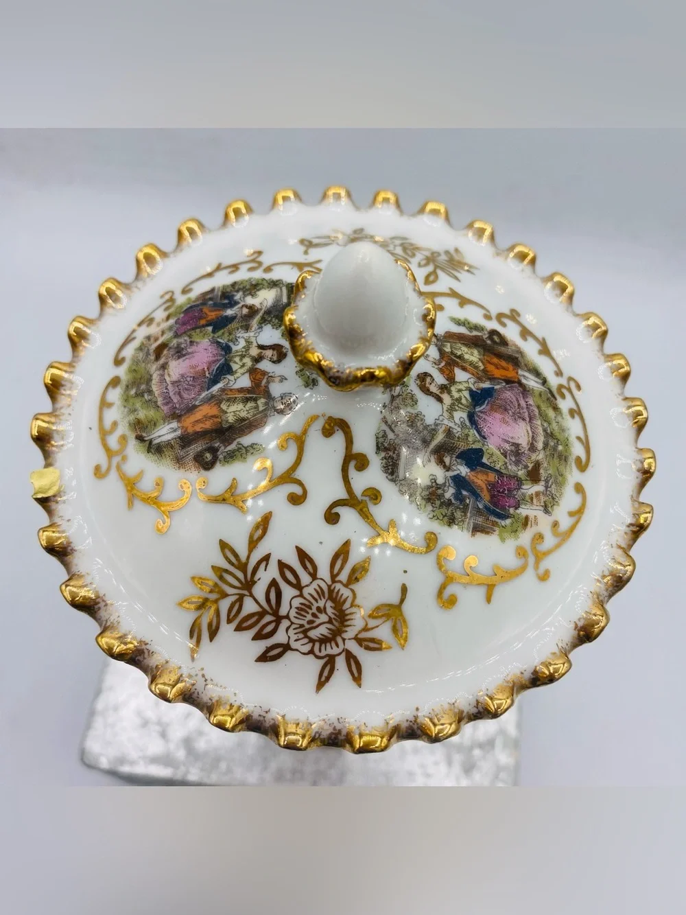 Vintage Lefton Porcelain Lidded Jar/Urn Hand Painted Courting Couple Gold Trim